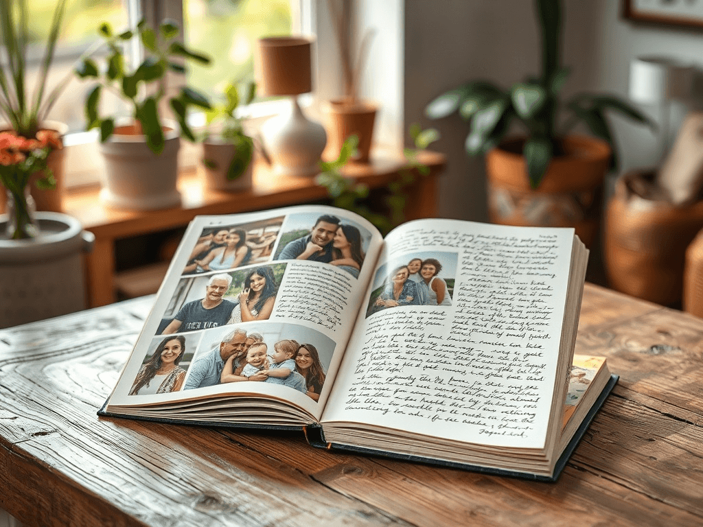 An open memory book filled with photographs and handwritten stories